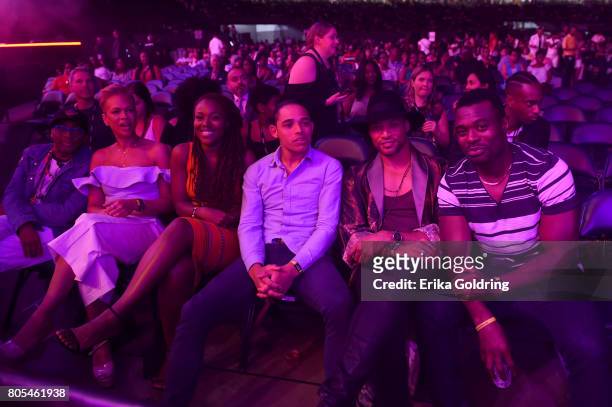 Spike Lee, Tonya Lewis Lee, DeWanda Wise, Anthony Ramos, Cleo Anthony and Lyriq Bent watch the first clip of "Shes Gotta Have It" during 2017 Essence...