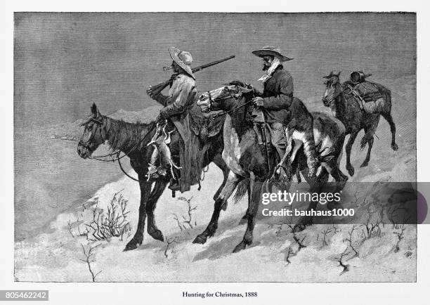 hunting for christmas, early american victorian engraving, 1888 - cowboy hunting stock illustrations