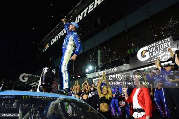 Ricky Stenhouse Jr., driver of the Fifth Third Bank Ford, celebrates in Victory Lane after winning the Monster Energy NASCAR Cup Series 59th Annual...