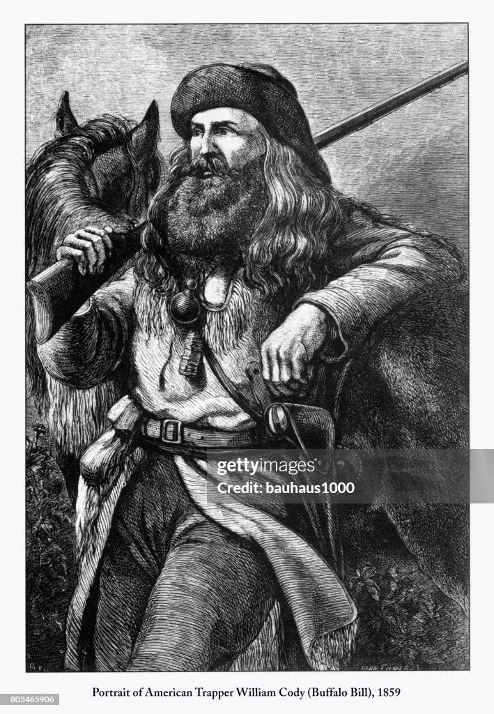 Portrait of American Trapper William Cody (Buffalo Bill) Engraving, 1859