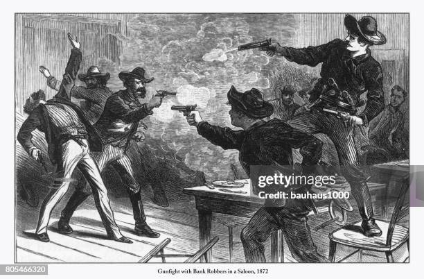 schießerei mit bank räuber in einen saloon-gravur, 1872 - us marshal stock-grafiken, -clipart, -cartoons und -symbole