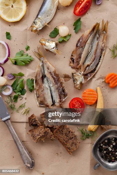 rustic snack with fish and mixed pickles - carolafink stock pictures, royalty-free photos & images