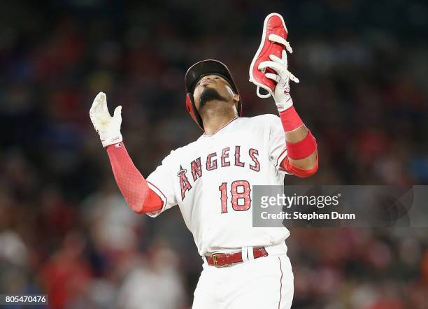 Luis Valbuena of the Los Angeles Angels of Anaheim celebrates on second after hitting double in the seventh inning against the Seattle Mariners at...