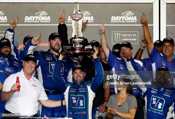 Ricky Stenhouse Jr., driver of the Fifth Third Bank Ford, celebrates in Victory Lane after winning the Monster Energy NASCAR Cup Series 59th Annual...