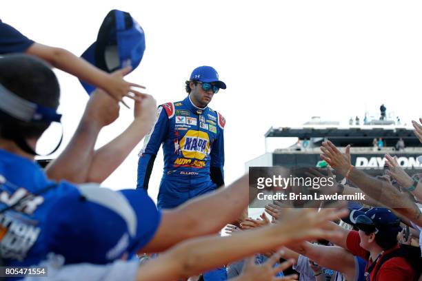 Chase Elliott, driver of the NAPA Patriotic Chevrolet, is introduced prior to the Monster Energy NASCAR Cup Series 59th Annual Coke Zero 400 Powered...