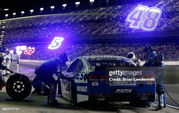 Jimmie Johnson, driver of the Lowe's Chevrolet, pits during the Monster Energy NASCAR Cup Series 59th Annual Coke Zero 400 Powered By Coca-Cola at...