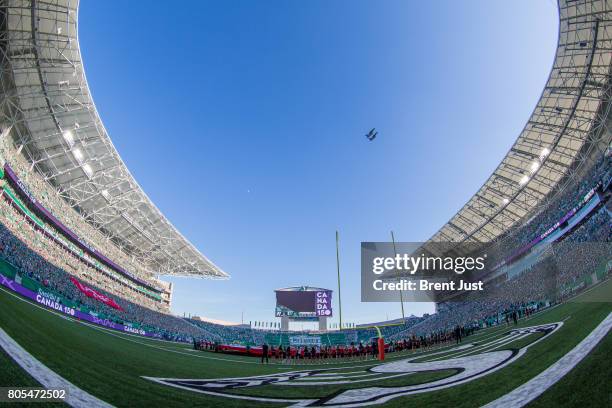 Fly over before the game between the Winnipeg Blue Bombers and Saskatchewan Roughriders at Mosaic Stadium on July 1, 2017 in Regina, Canada.