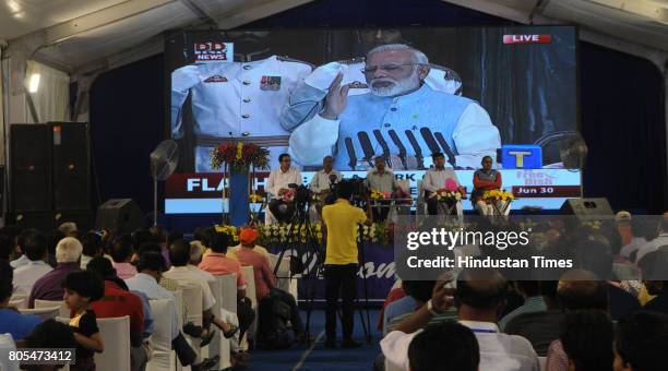 Selective gathering watching the live telecast of GST launching in the midnight hours at Albert Ekka Chowk on June 30, 2017 in Ranchi, India.