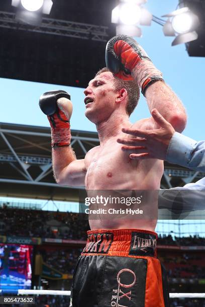 Jeff Horn of Australia celebrates winning against Manny Pacquiao during the WBO World Welterweight Title Fight at Suncorp Stadium on July 2, 2017 in...