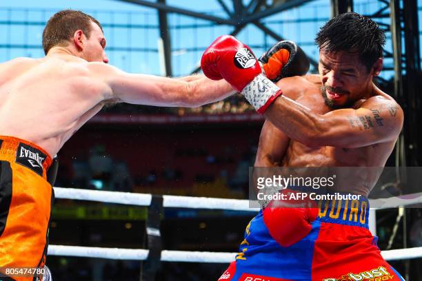 Manny Pacquiao of the Philippines fight Jeff Horn of Australia during the World Boxing Organization bout at Suncorp Stadium in Brisbane on July 2,...