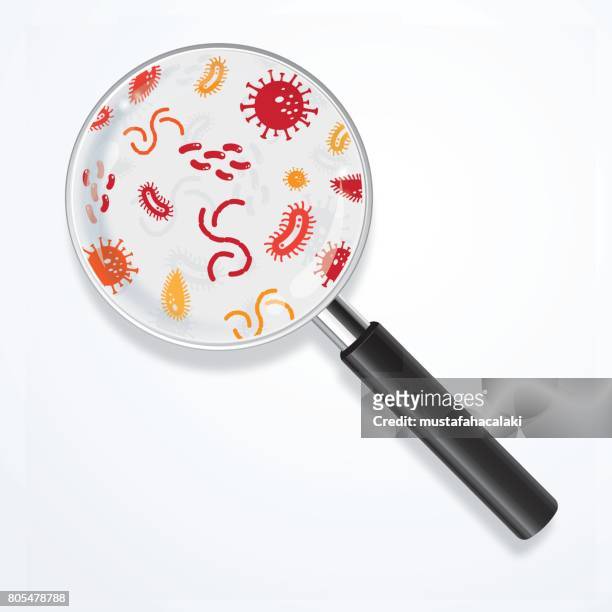 magnifying lens illustration with viruses - bacterium stock illustrations