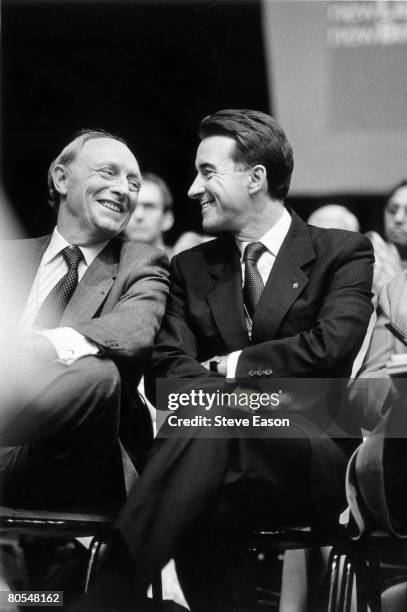 Former Labour Party leader Neil Kinnock shares a joke with Peter Mandelson, the key figure behind the party's General Election landslide victory, at...