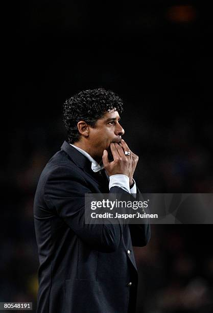 Coach Frank Rijkaard whistles to his players during the La Liga match between Barcelona and Getafe at the Camp Nou Stadium on April 6, 2008 in...