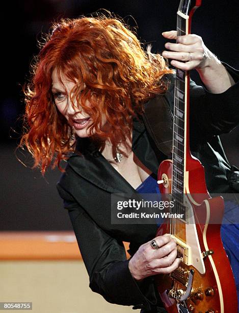 Musician Nancy Wilson, of the rock band Heart, performs during the taping of Idol Gives Back held at the Kodak Theatre on April 6, 2008 in Los...
