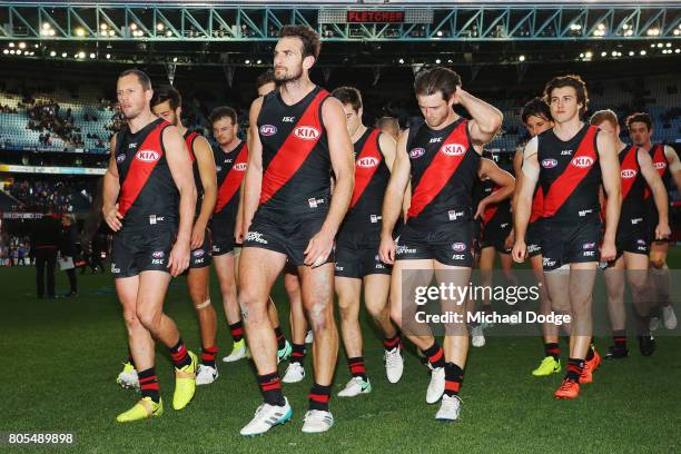 Jobe Watson of the Bombers looks dejected after defeat during the round 15 AFL match between the Essendon Bombers and the Brisbane Lions at Etihad...