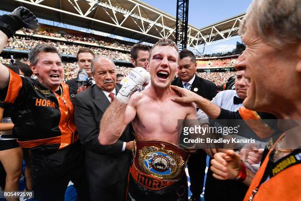 Jeff Horn celebrates his victory after the WBO Welterweight Title Fight between Jeff Horn of Australia and Manny Pacquiao of the Philippines at...