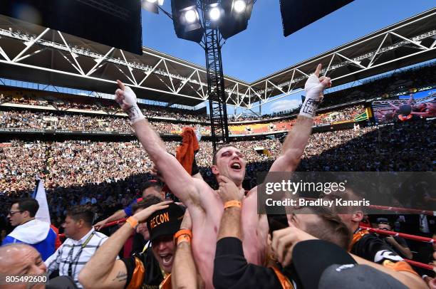 Jeff Horn celebrates his victory after the WBO Welterweight Title Fight between Jeff Horn of Australia and Manny Pacquiao of the Philippines at...