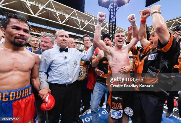 Jeff Horn celebrates his victory after the WBO Welterweight Title Fight between Jeff Horn of Australia and Manny Pacquiao of the Philippines at...