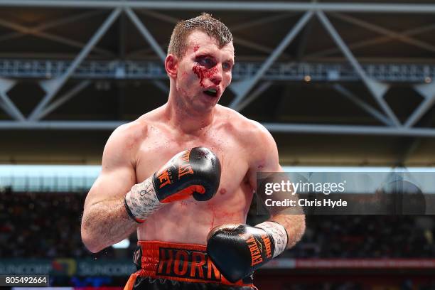 Jeff Horn of Australia looks on during the WBO World Welterweight Title Fight against Manny Pacquiao of the Philippines at Suncorp Stadium on July 2,...