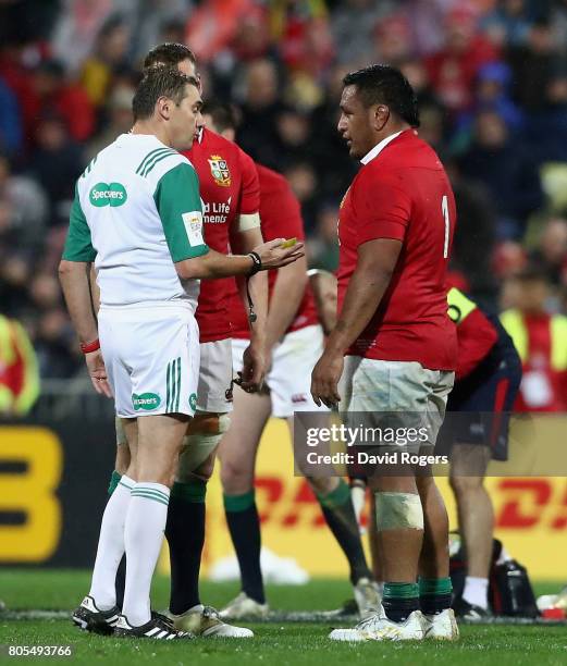 Jerome Garces, the referee, talks to Lions prop Mako Vunipola during the match between the New Zealand All Blacks and the British & Irish Lions at...