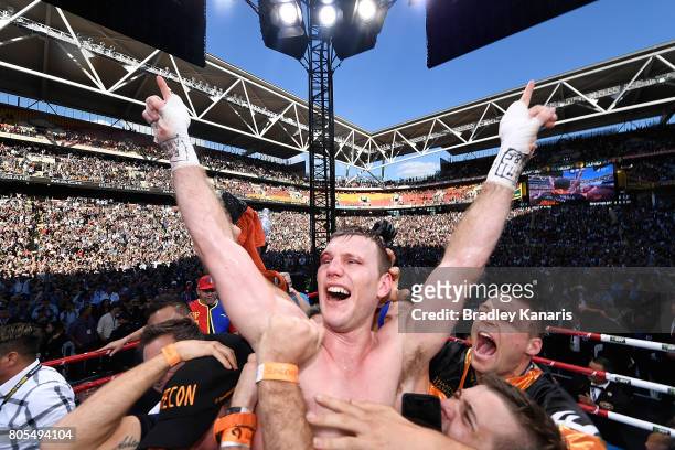 Jeff Horn celebrates victory after winning the WBO Welterweight Title Fight between Jeff Horn of Australia and Manny Pacquiao of the Philippines at...