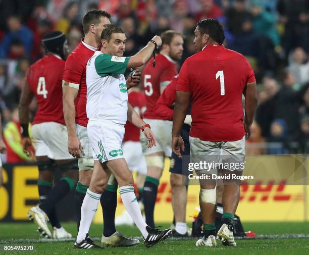 Jerome Garces, the referee, sendsLions prop Mako Vunipola to the sin bin during the match between the New Zealand All Blacks and the British & Irish...