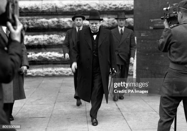 Prime Minister Winston Churchill leaving the Houses of Parliament after paying tribute to President Franklin D. Roosevelt who died from a Cerebral...