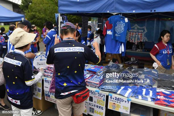 Ventforet Kofu supporters check the official marchandise stall prior to the J.League J1 match between Ventforet Kofu and Sagan Tosu at Yamanashi Chuo...