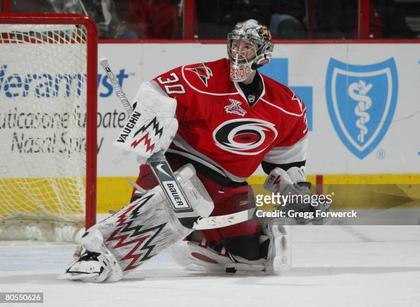 Cam Ward of the Carolina Hurricanes tends goal during their NHL game against the Tampa Bay Lightning on April 2, 2008 at RBC Center in Raleigh, North...