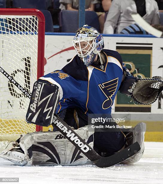 Goaltender Manny Legace of the St. Louis Blues makes a save against the Columbus Blue Jackets on April 5, 2008 at Scottrade Center in St. Louis,...