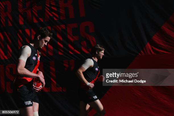 Michael Hurley of the Bombers walks out during the round 15 AFL match between the Essendon Bombers and the Brisbane Lions at Etihad Stadium on July...