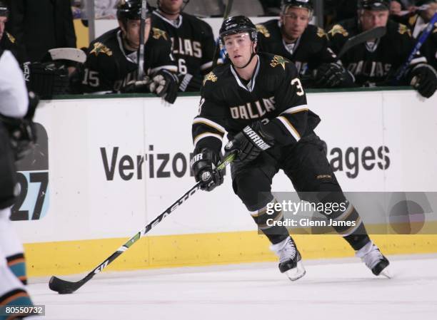 Stephane Robidas of the Dallas Stars skates against the San Jose Sharks at the American Airlines Center on April 6, 2008 in Dallas, Texas.