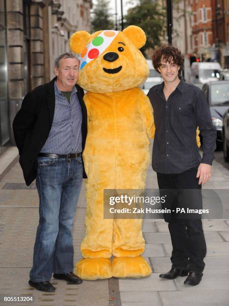 Pudsey Bear with Nick Mason and Lee Mead during the launch of Children in Need's charity album, Bandaged Together, at the BBC Club on Great Portland...