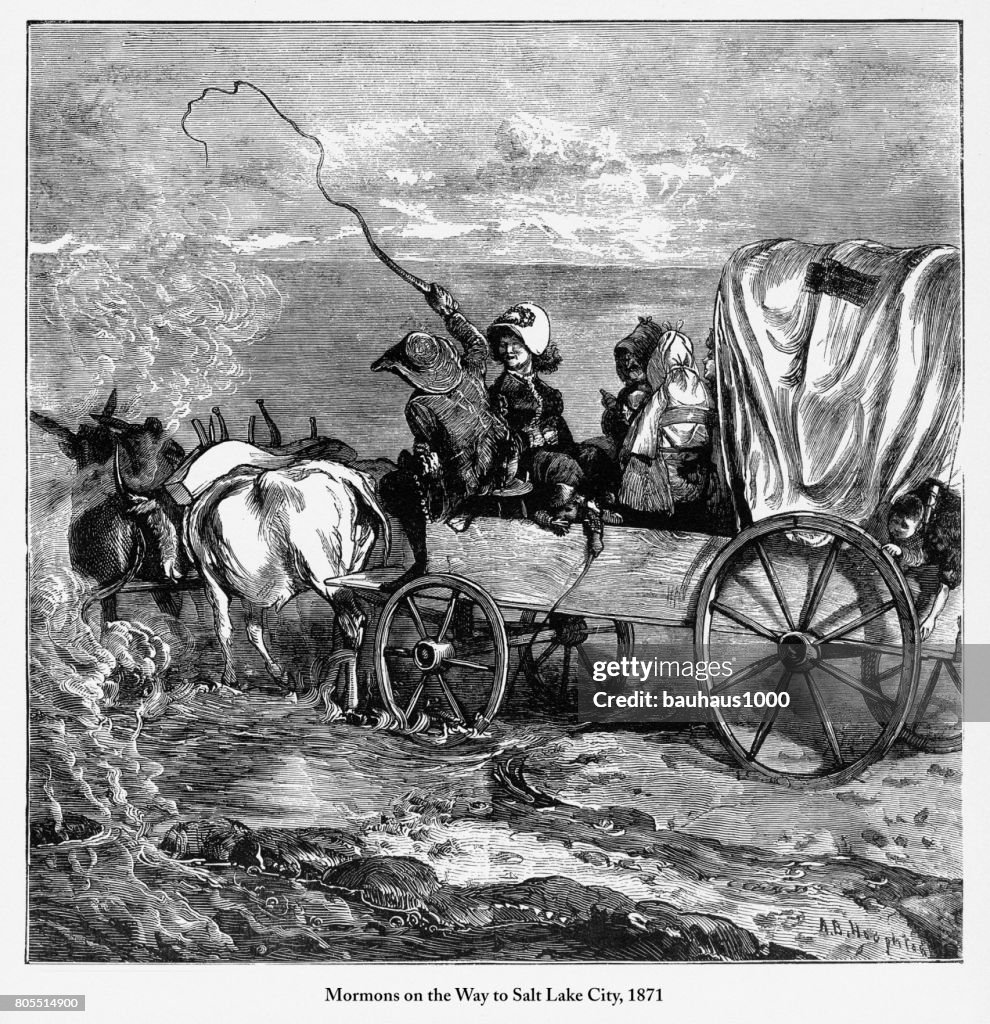 Mormons Crossing a Rocky Mountain Canyon Engraving, 1857