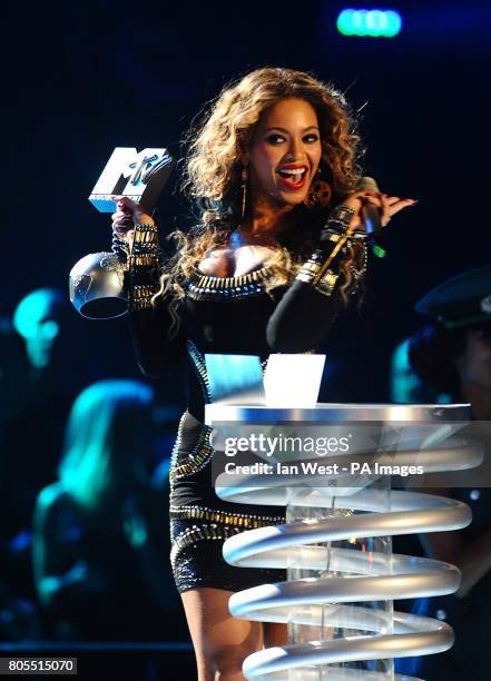 Beyonce accepts the award for Best Video on stage at the 2009 MTV Europe Music Awards at O2 World in Berlin, Germany.