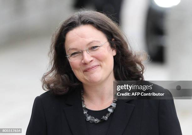 German Labour and Social Minister Andrea Nahles arrives for a memorial service for late former Chancellor Helmut Kohl on July 1, 2017 at the...