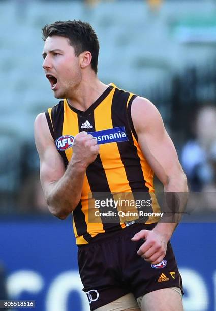 Liam Shiels of the Hawks celebrates kicking a goal during the round 15 AFL match between the Hawthorn Hawks and the Collingwood Magpies at Melbourne...