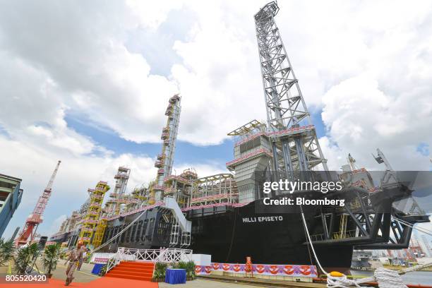 The Hilli Episeyo floating liquefaction vessel , built for Golar Hilli Corp., a unit of Golar LNG Ltd., by Keppel Offshore & Marine Ltd., sits docked...