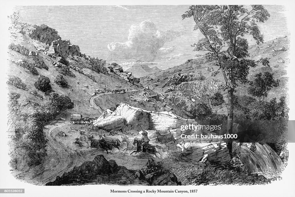 Mormons Crossing a Rocky Mountain Canyon Engraving, 1857