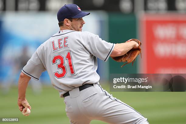 Cliff Lee of the Cleveland Indians pitches during the game against the Oakland Athletics at the McAfee Coliseum in Oakland, California on April 6,...