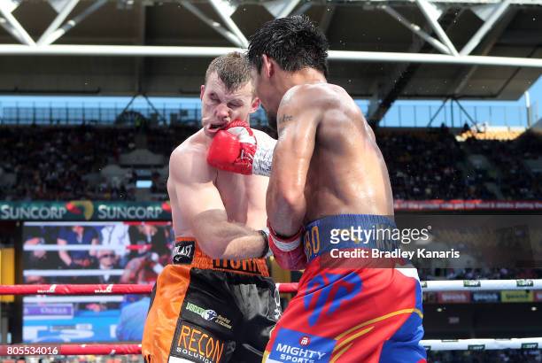 Manny Pacquiao lands a punch on Jeff Horn during the WBO Welterweight Title Fight between Jeff Horn of Australia and Manny Pacquiao of the...
