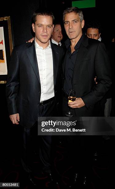 Matt Damon and George Clooney attend the Harpers Bazaar dinner for George Clooney hosted by editor Lucy Yeomans, at L'Atelier de Joel Robuchon on...