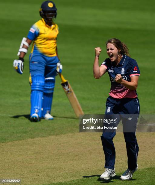 England bowler Natalie Sciver celebrates after dismissing Sri Lanka batsman Chamari Athapaththu during the ICC Women's World Cup 2017 match between...