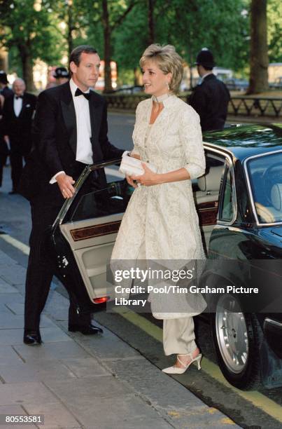 Diana, Princess of Wales arrives at the Dorchester Hotel for a dinner in aid of the Shaukat Khanum Memorial Hospital in Pakistan, The Princess is...