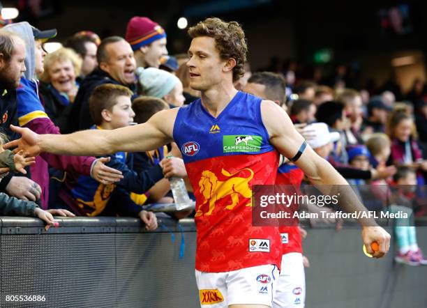 Ryan Lester of the Lions thanks fans during the 2017 AFL round 15 match between the Essendon Bombers and the Brisbane Lions at Etihad Stadium on July...