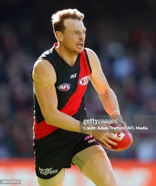 Brendon Goddard of the Bombers in action during the 2017 AFL round 15 match between the Essendon Bombers and the Brisbane Lions at Etihad Stadium on...