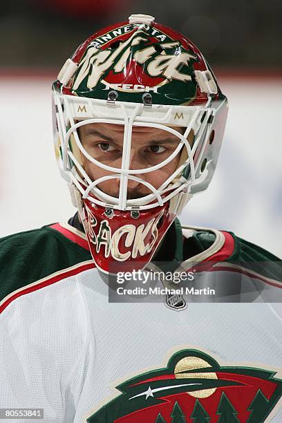 Niklas Backstrom of the Minnesota Wild looks on against the Colorado Avalanche at the Pepsi Center on April 6, 2008 in Denver, Colorado. The...