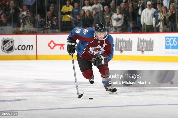 Joe Sakic of the Colorado Avalanche skates against the Minnesota Wild at the Pepsi Center on April 6, 2008 in Denver, Colorado. Avalanche defeated...