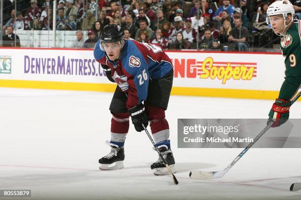 Paul Stastny of the Colorado Avalanche skates against the Minnesota Wild at the Pepsi Center on April 6, 2008 in Denver, Colorado. Avalanche defeated...