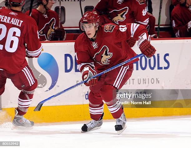 Center Kyle Turris of the Phoenix Coyotes skates up ice against the Dallas Stars on April 3, 2008 at Jobing.com Arena in Glendale, Arizona.